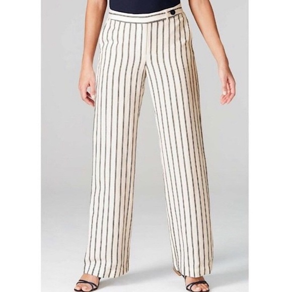 J. Jill Wide Leg Trouser Pants Linen Blend Navy Cream Stripe 10 - Picture 1 of 9